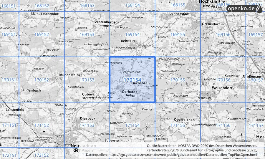 Übersichtskarte des KOSTRA-DWD-2020-Rasterfeldes Nr. 170154