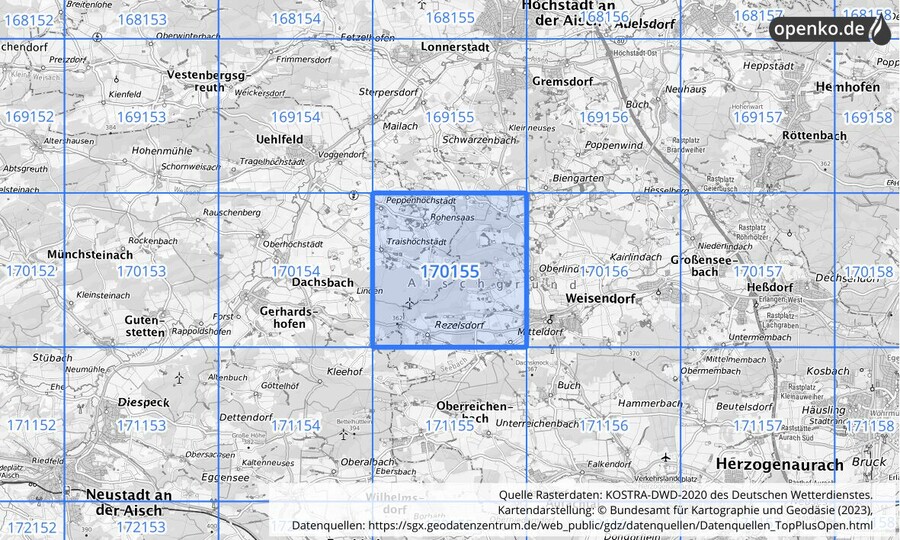 Übersichtskarte des KOSTRA-DWD-2020-Rasterfeldes Nr. 170155
