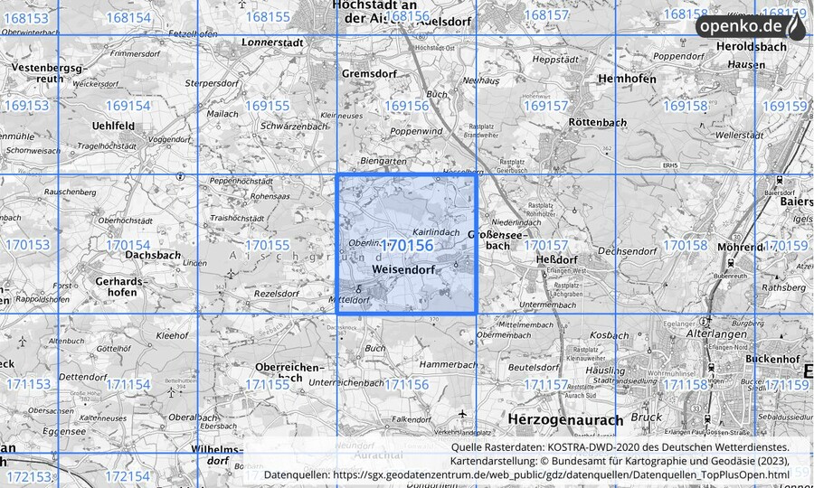 Übersichtskarte des KOSTRA-DWD-2020-Rasterfeldes Nr. 170156