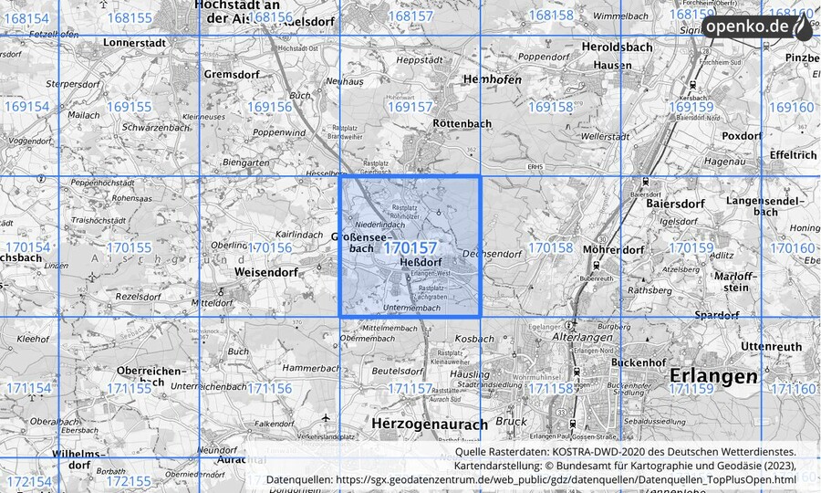 Übersichtskarte des KOSTRA-DWD-2020-Rasterfeldes Nr. 170157