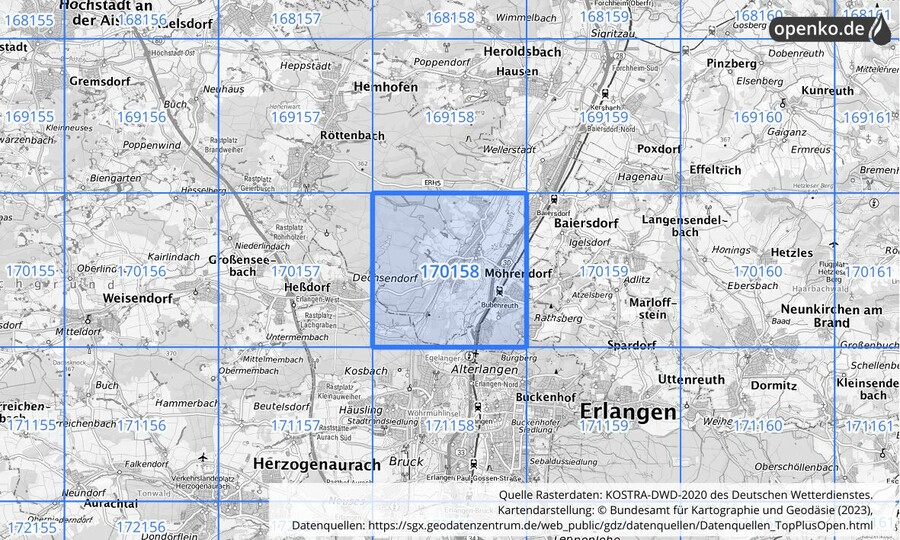 Übersichtskarte des KOSTRA-DWD-2020-Rasterfeldes Nr. 170158