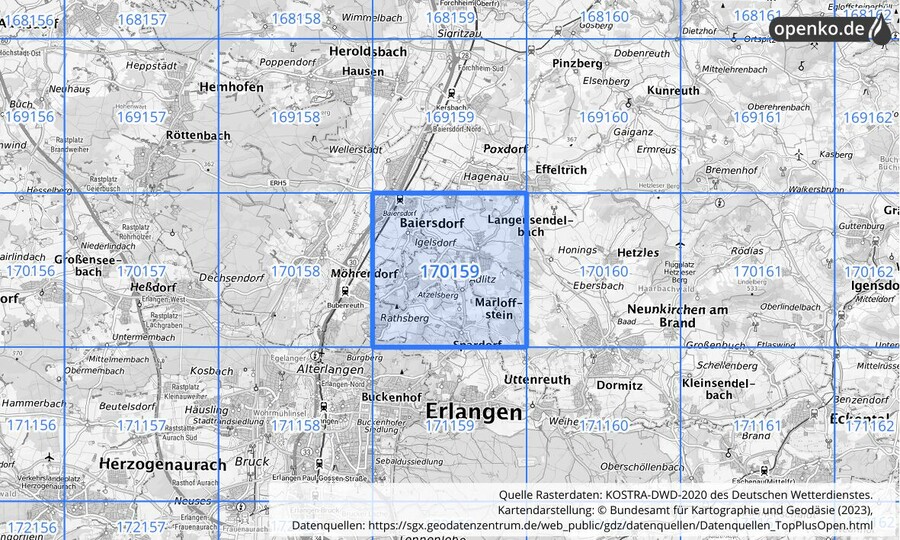 Übersichtskarte des KOSTRA-DWD-2020-Rasterfeldes Nr. 170159