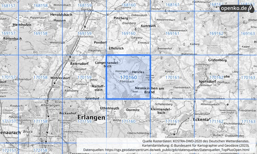 Übersichtskarte des KOSTRA-DWD-2020-Rasterfeldes Nr. 170160