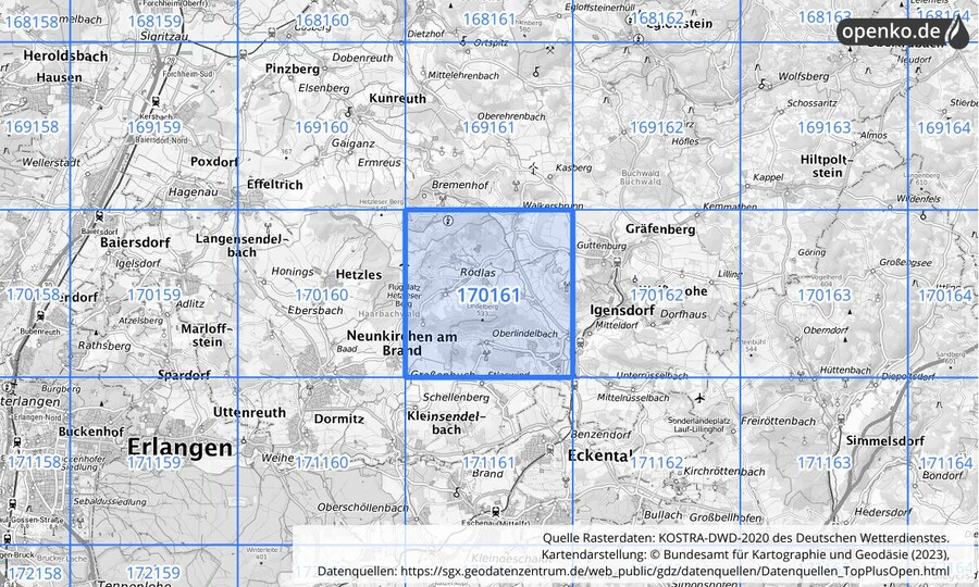 Übersichtskarte des KOSTRA-DWD-2020-Rasterfeldes Nr. 170161