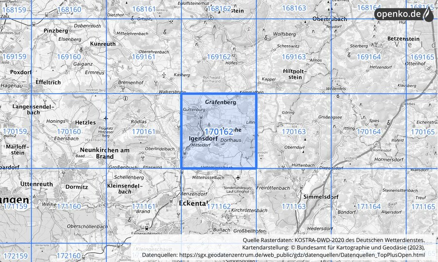 Übersichtskarte des KOSTRA-DWD-2020-Rasterfeldes Nr. 170162