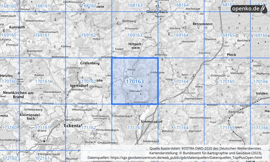 Übersichtskarte des KOSTRA-DWD-2020-Rasterfeldes Nr. 170163