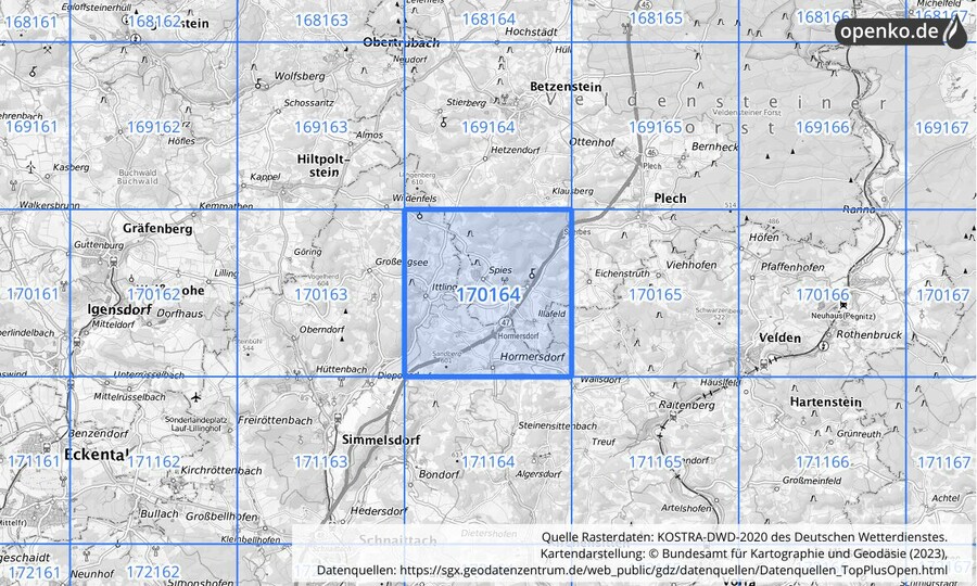 Übersichtskarte des KOSTRA-DWD-2020-Rasterfeldes Nr. 170164