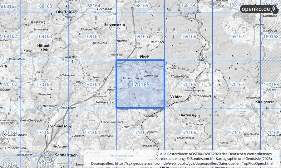 Übersichtskarte des KOSTRA-DWD-2020-Rasterfeldes Nr. 170165