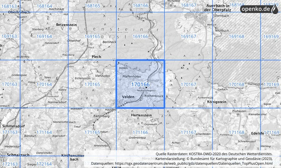 Übersichtskarte des KOSTRA-DWD-2020-Rasterfeldes Nr. 170166