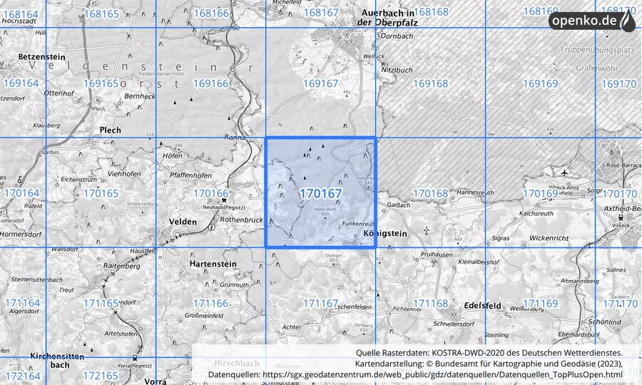 Übersichtskarte des KOSTRA-DWD-2020-Rasterfeldes Nr. 170167