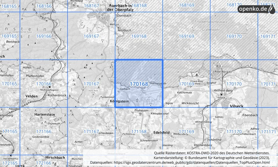 Übersichtskarte des KOSTRA-DWD-2020-Rasterfeldes Nr. 170168