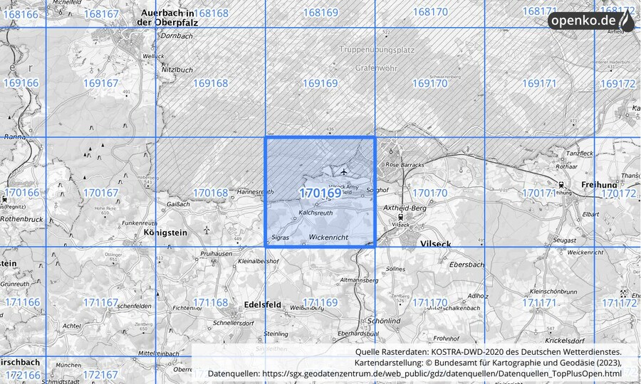 Übersichtskarte des KOSTRA-DWD-2020-Rasterfeldes Nr. 170169