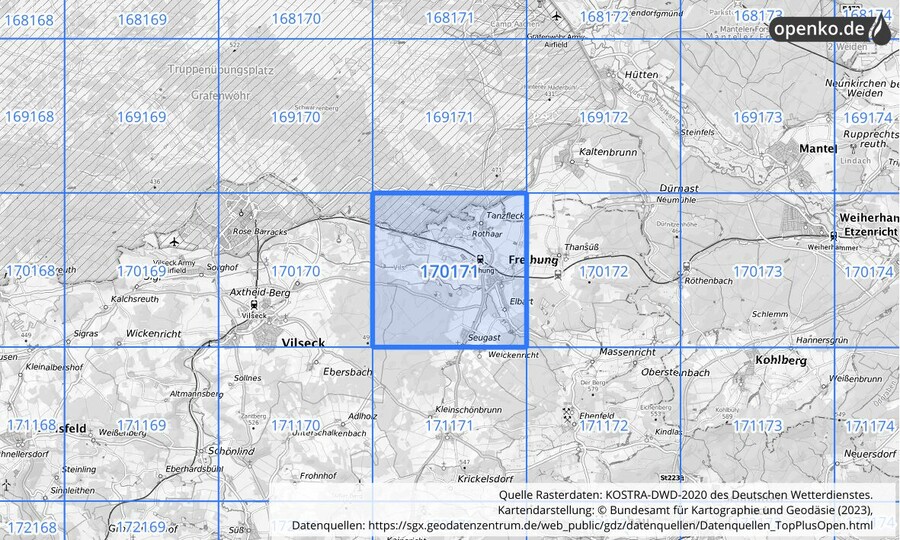 Übersichtskarte des KOSTRA-DWD-2020-Rasterfeldes Nr. 170171