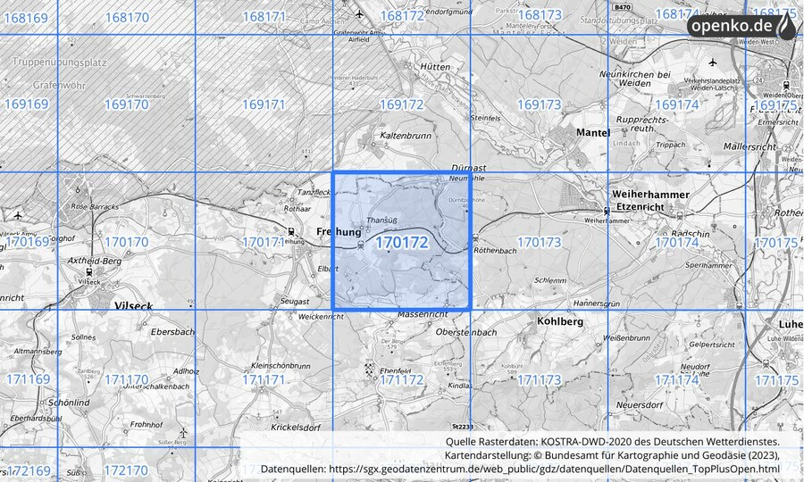 Übersichtskarte des KOSTRA-DWD-2020-Rasterfeldes Nr. 170172