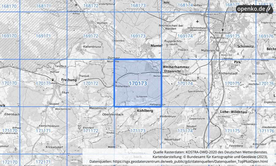 Übersichtskarte des KOSTRA-DWD-2020-Rasterfeldes Nr. 170173