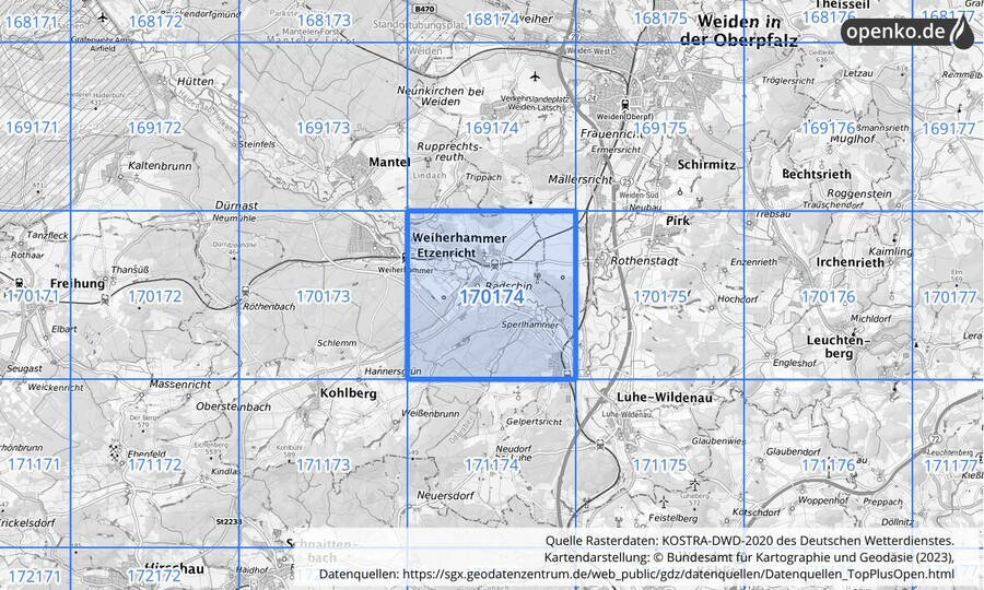 Übersichtskarte des KOSTRA-DWD-2020-Rasterfeldes Nr. 170174