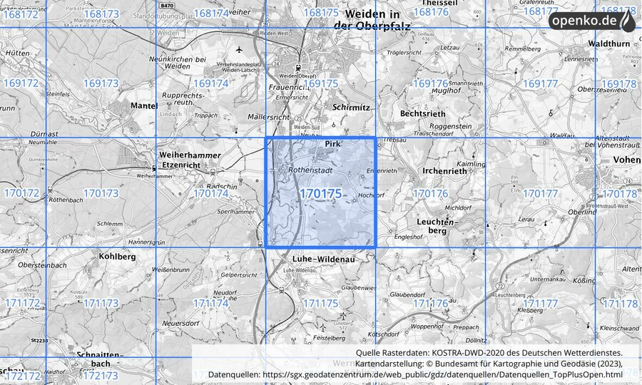 Übersichtskarte des KOSTRA-DWD-2020-Rasterfeldes Nr. 170175