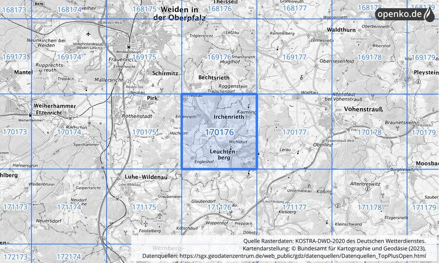 Übersichtskarte des KOSTRA-DWD-2020-Rasterfeldes Nr. 170176