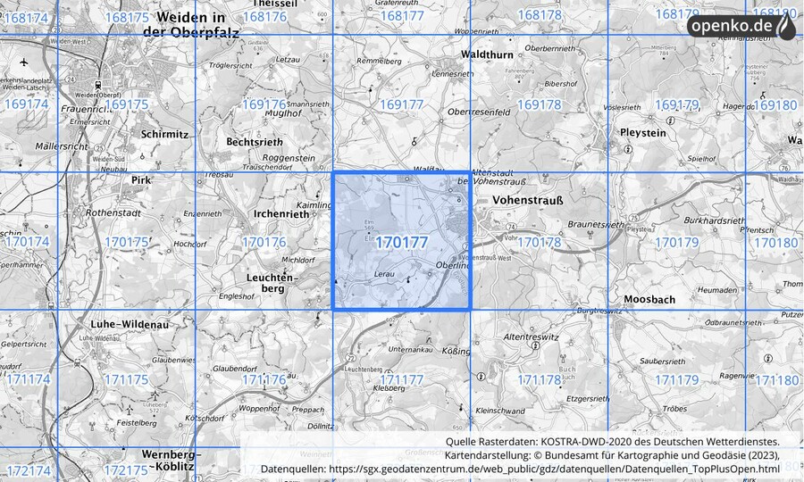 Übersichtskarte des KOSTRA-DWD-2020-Rasterfeldes Nr. 170177