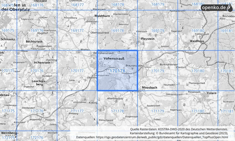 Übersichtskarte des KOSTRA-DWD-2020-Rasterfeldes Nr. 170178