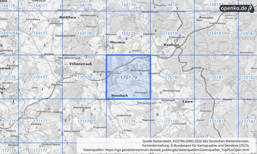 Übersichtskarte des KOSTRA-DWD-2020-Rasterfeldes Nr. 170179