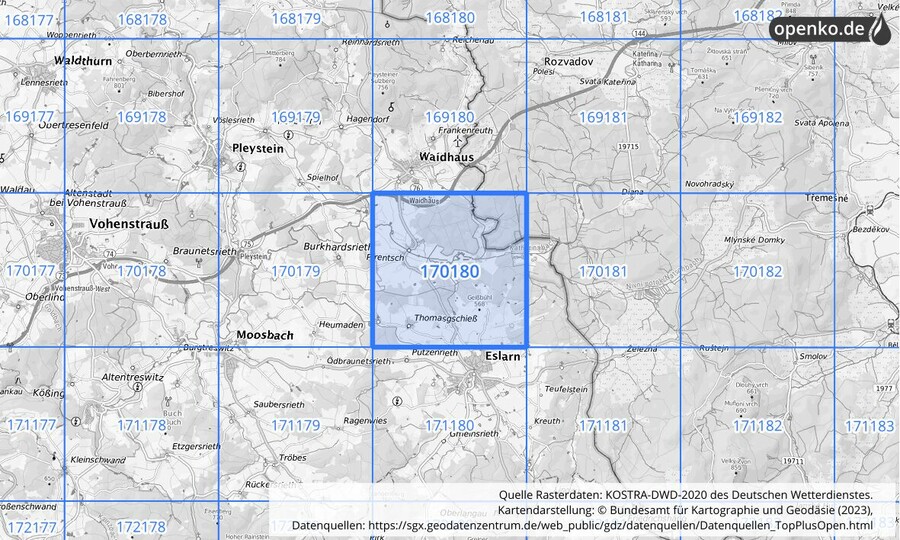 Übersichtskarte des KOSTRA-DWD-2020-Rasterfeldes Nr. 170180