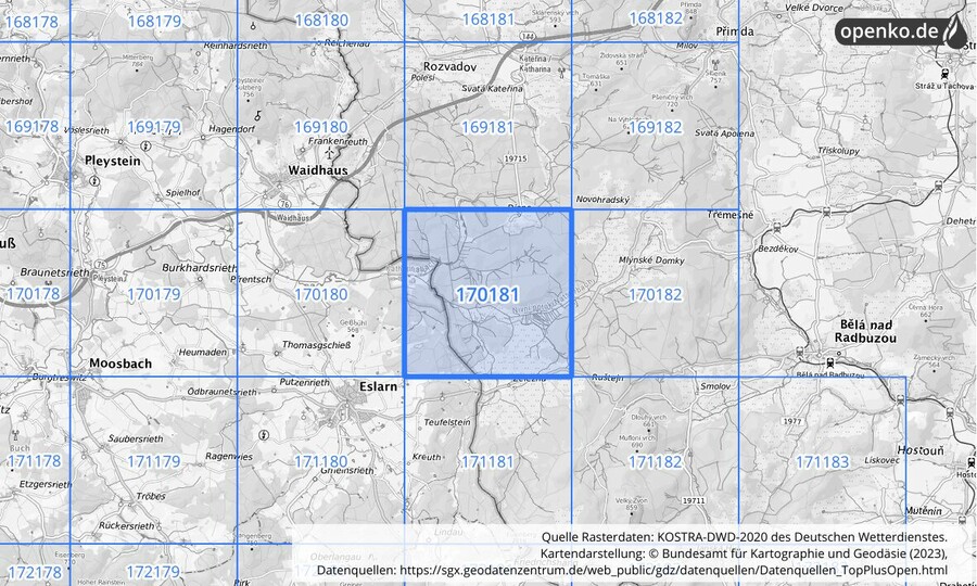 Übersichtskarte des KOSTRA-DWD-2020-Rasterfeldes Nr. 170181