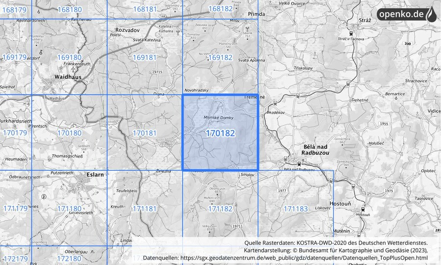Übersichtskarte des KOSTRA-DWD-2020-Rasterfeldes Nr. 170182