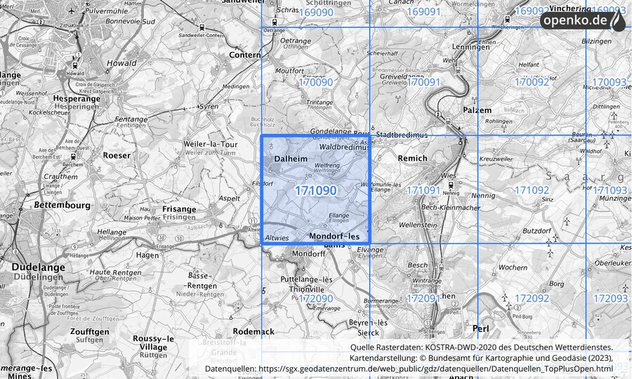 Übersichtskarte des KOSTRA-DWD-2020-Rasterfeldes Nr. 171090