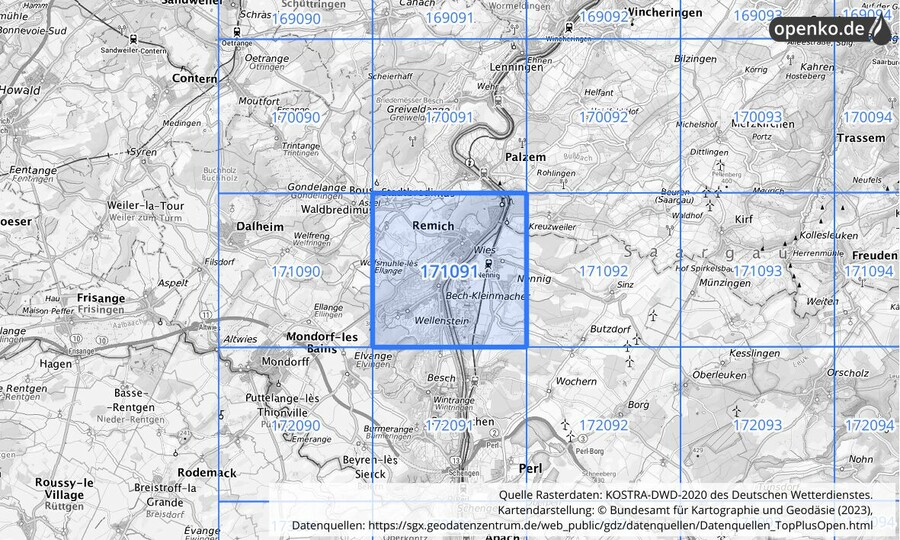 Übersichtskarte des KOSTRA-DWD-2020-Rasterfeldes Nr. 171091
