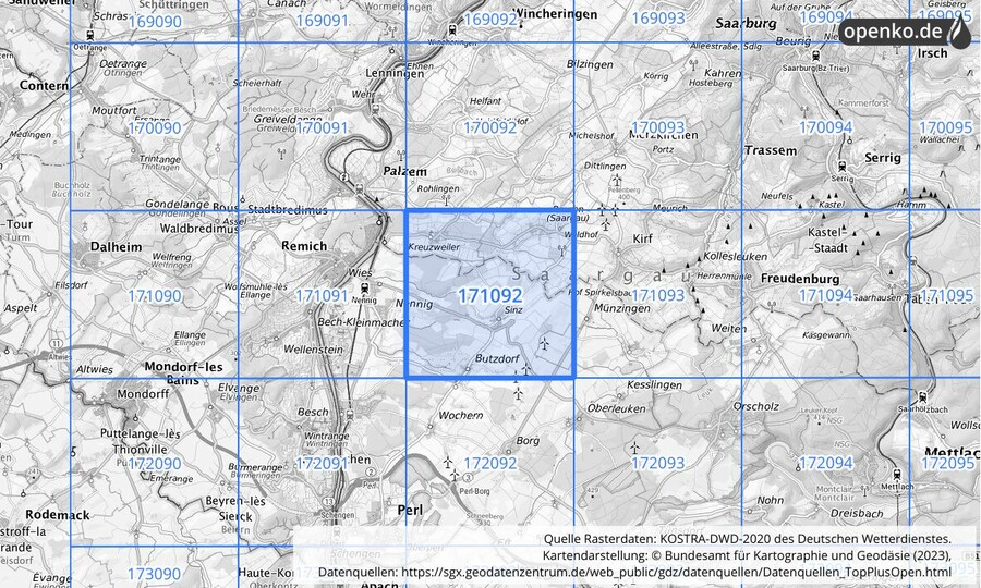 Übersichtskarte des KOSTRA-DWD-2020-Rasterfeldes Nr. 171092