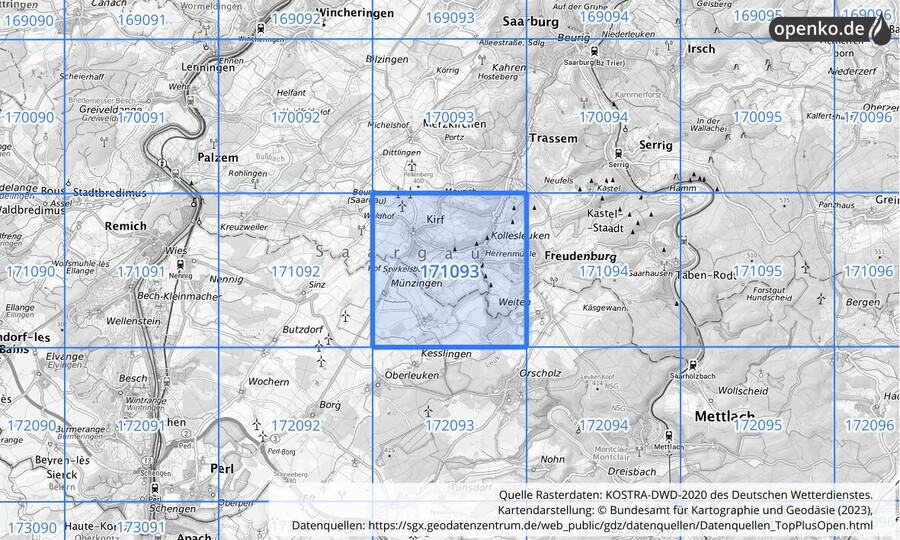 Übersichtskarte des KOSTRA-DWD-2020-Rasterfeldes Nr. 171093