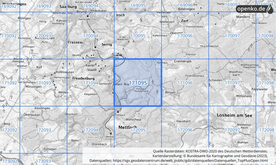 Übersichtskarte des KOSTRA-DWD-2020-Rasterfeldes Nr. 171095