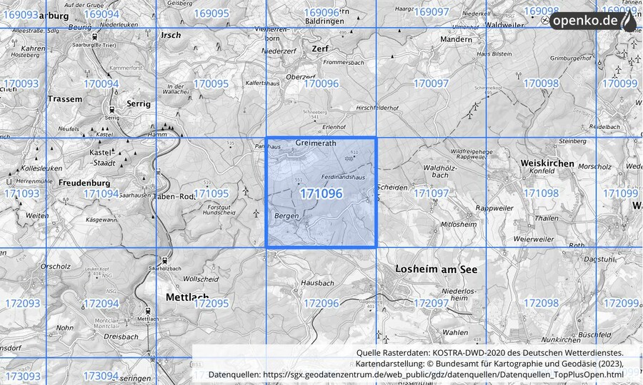 Übersichtskarte des KOSTRA-DWD-2020-Rasterfeldes Nr. 171096