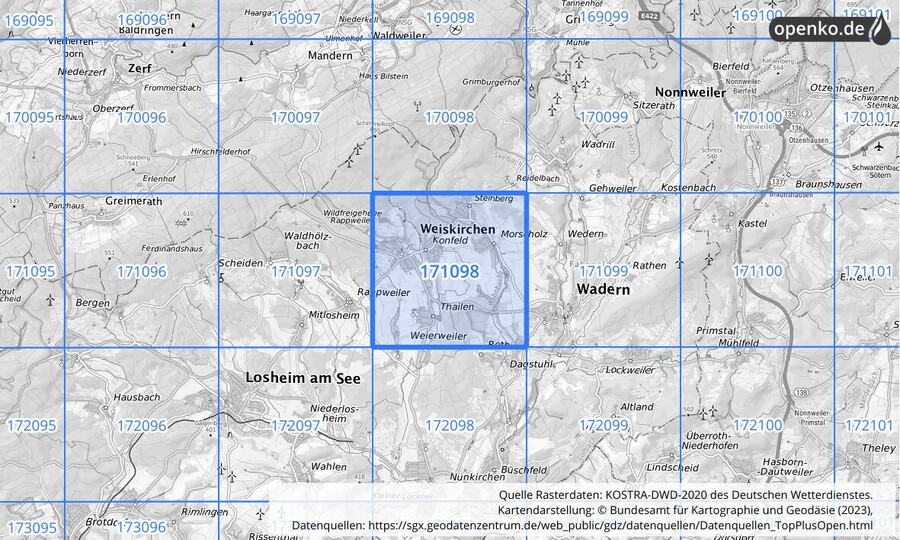 Übersichtskarte des KOSTRA-DWD-2020-Rasterfeldes Nr. 171098