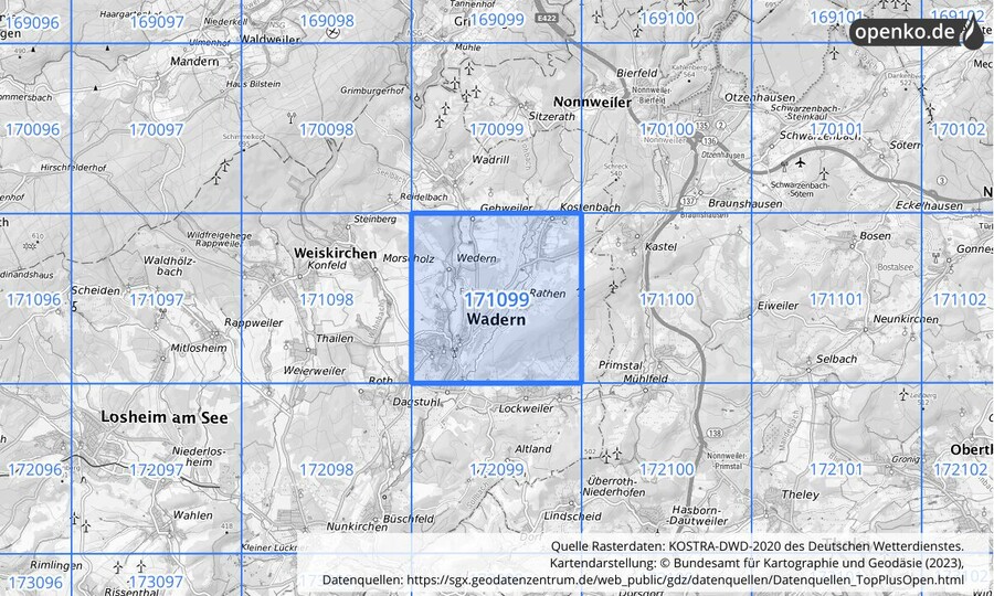 Übersichtskarte des KOSTRA-DWD-2020-Rasterfeldes Nr. 171099