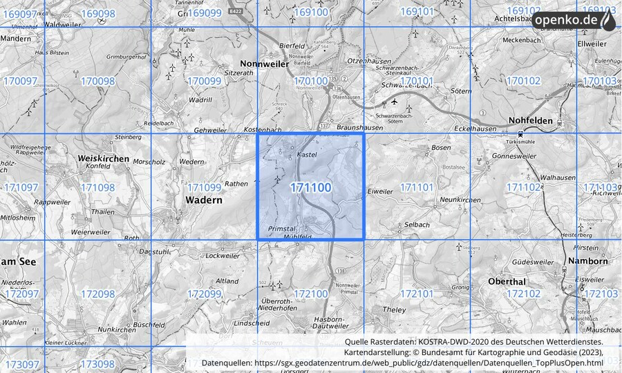 Übersichtskarte des KOSTRA-DWD-2020-Rasterfeldes Nr. 171100