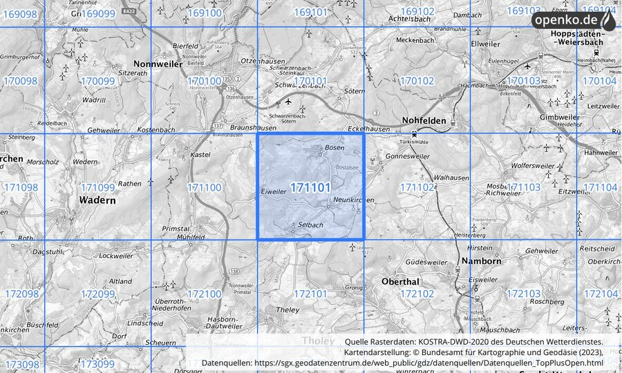 Übersichtskarte des KOSTRA-DWD-2020-Rasterfeldes Nr. 171101