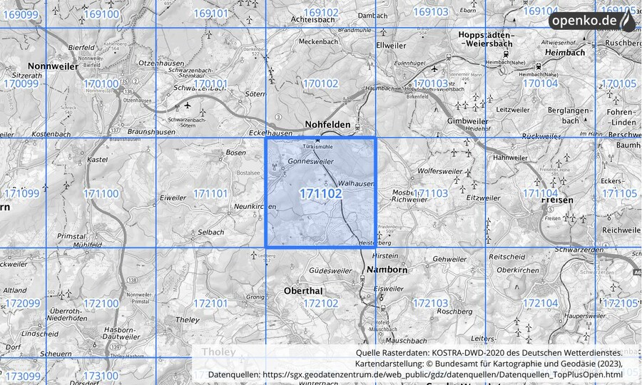 Übersichtskarte des KOSTRA-DWD-2020-Rasterfeldes Nr. 171102