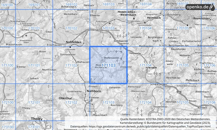 Übersichtskarte des KOSTRA-DWD-2020-Rasterfeldes Nr. 171103