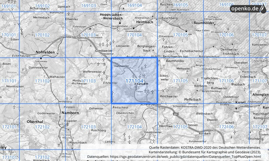 Übersichtskarte des KOSTRA-DWD-2020-Rasterfeldes Nr. 171104