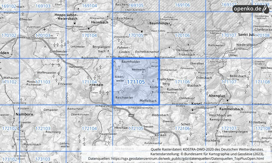Übersichtskarte des KOSTRA-DWD-2020-Rasterfeldes Nr. 171105