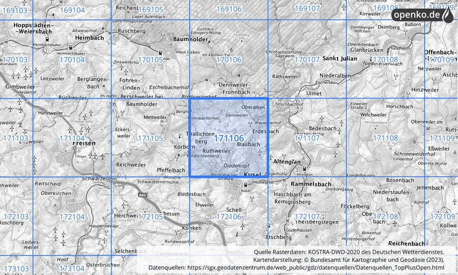 Übersichtskarte des KOSTRA-DWD-2020-Rasterfeldes Nr. 171106