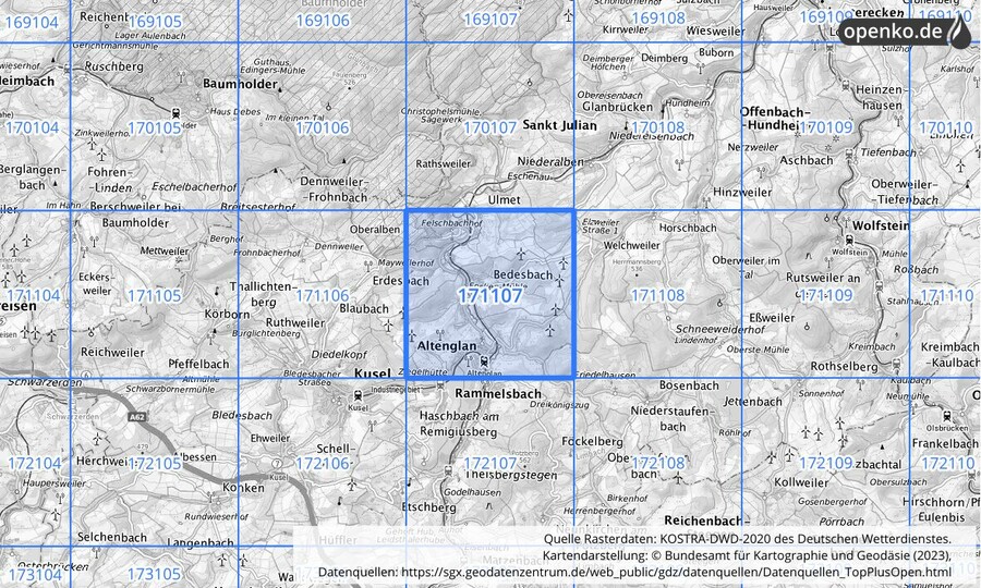 Übersichtskarte des KOSTRA-DWD-2020-Rasterfeldes Nr. 171107