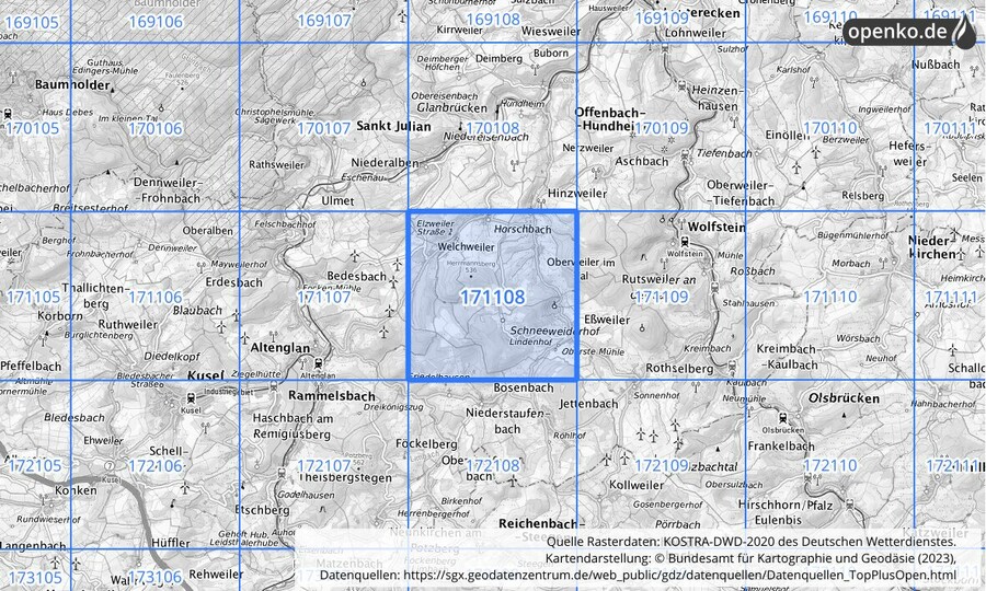 Übersichtskarte des KOSTRA-DWD-2020-Rasterfeldes Nr. 171108