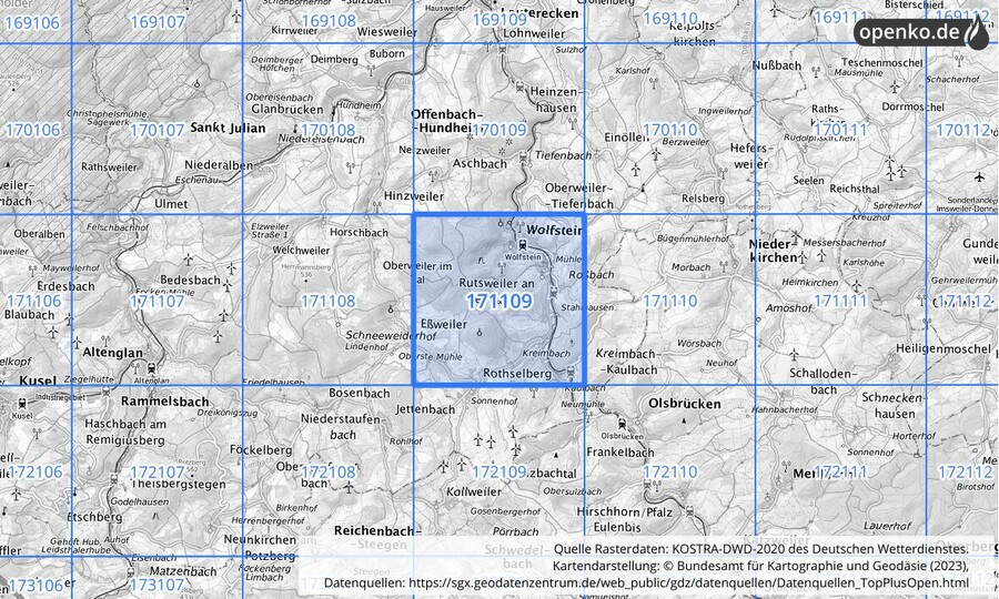 Übersichtskarte des KOSTRA-DWD-2020-Rasterfeldes Nr. 171109