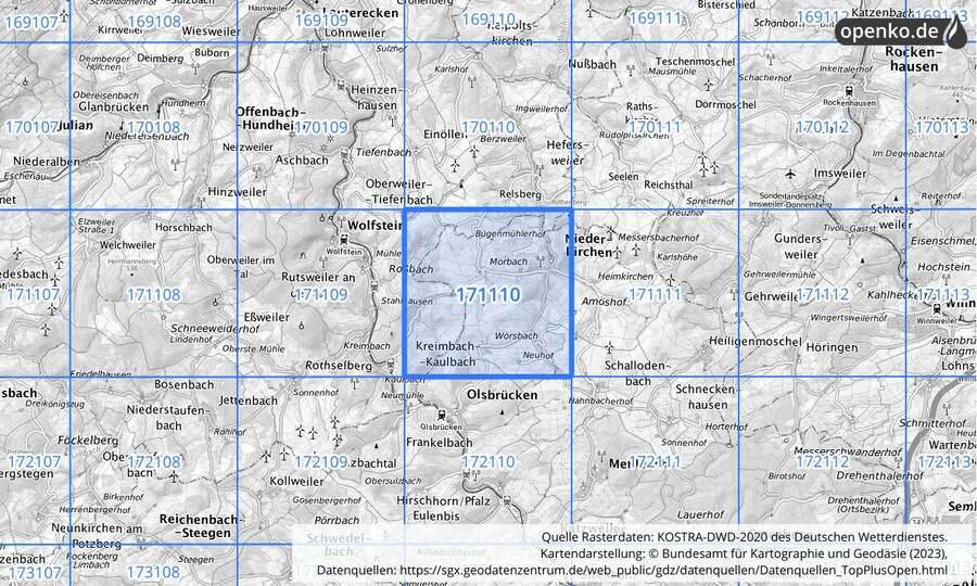 Übersichtskarte des KOSTRA-DWD-2020-Rasterfeldes Nr. 171110