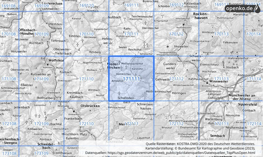 Übersichtskarte des KOSTRA-DWD-2020-Rasterfeldes Nr. 171111