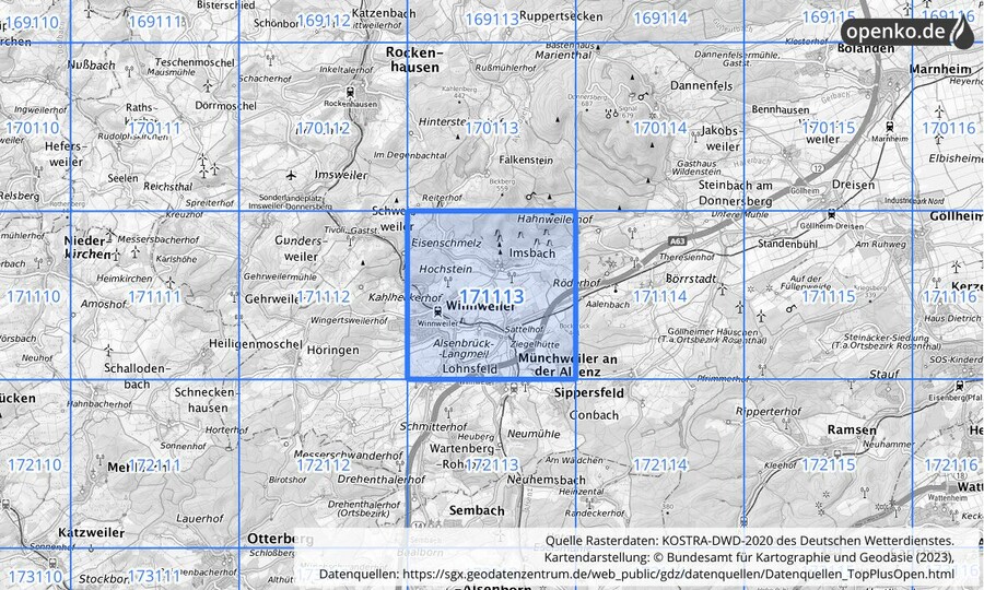 Übersichtskarte des KOSTRA-DWD-2020-Rasterfeldes Nr. 171113