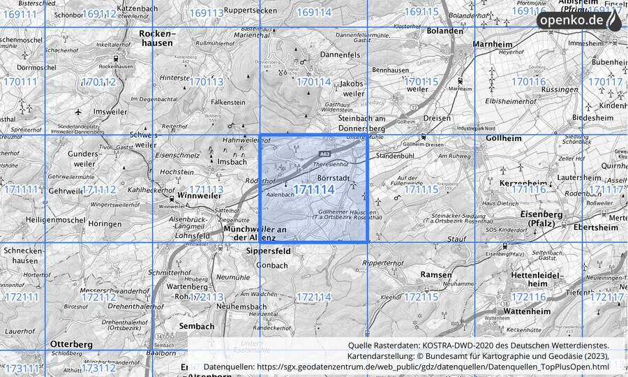 Übersichtskarte des KOSTRA-DWD-2020-Rasterfeldes Nr. 171114